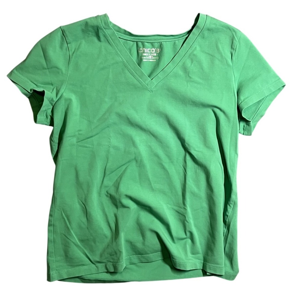 Chico's Women's Green V-Neck Short Sleeve Cotton‎ Spandex T-Shirt Size 1 (US M)